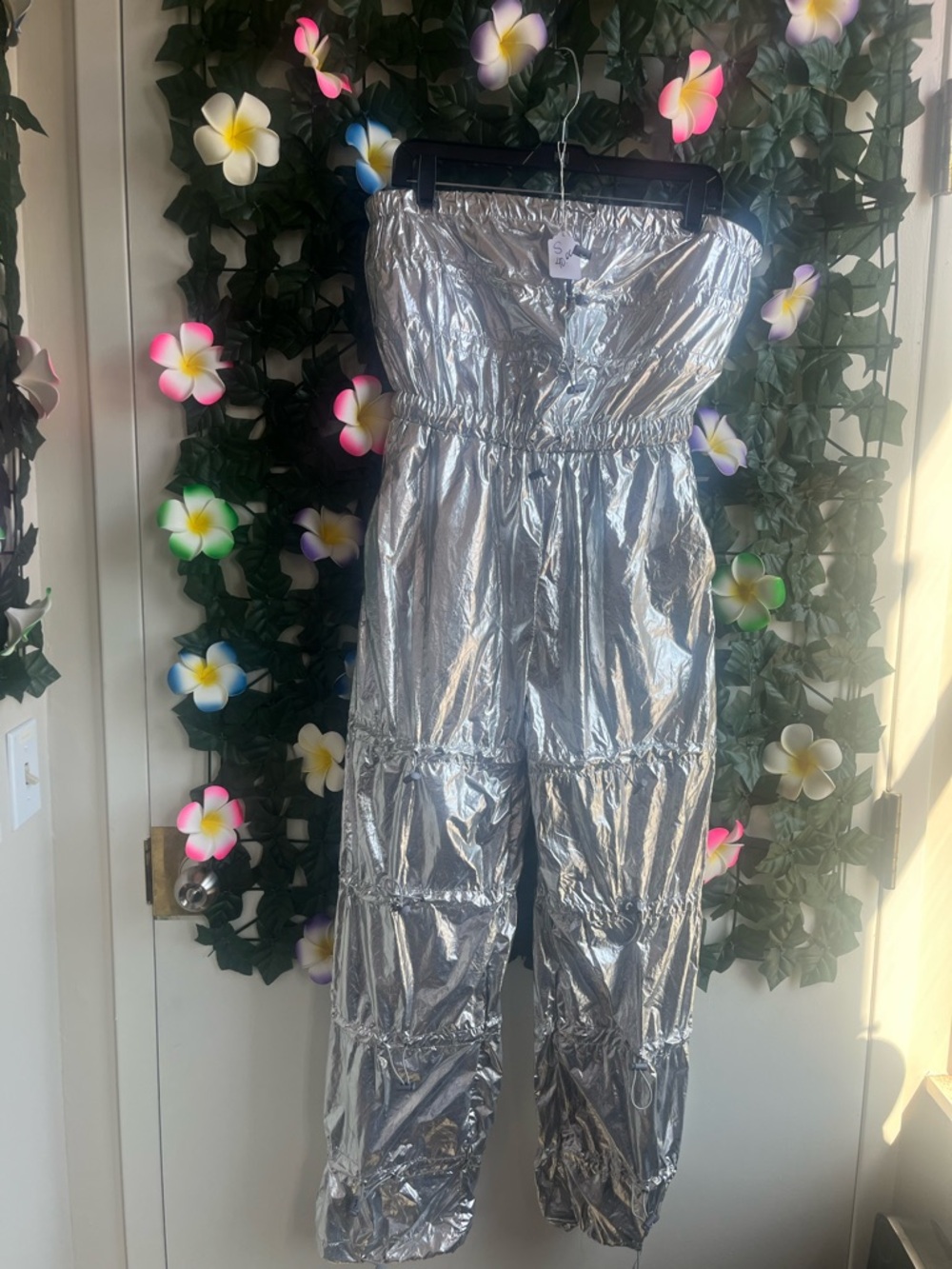 Metallic Silver Strapless Tiered Jumpsuit